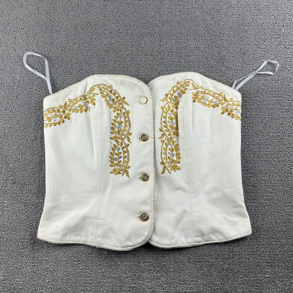Vintage Cache Bustier Women M White Slim Floral Embroidered Denim Western Boho